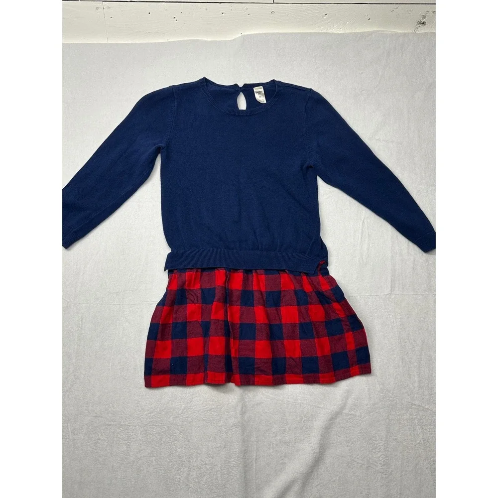 OshKosh B'Gosh Girls' Navy Blue Sweater‎ Dress Red Plaid Skirt Size 10